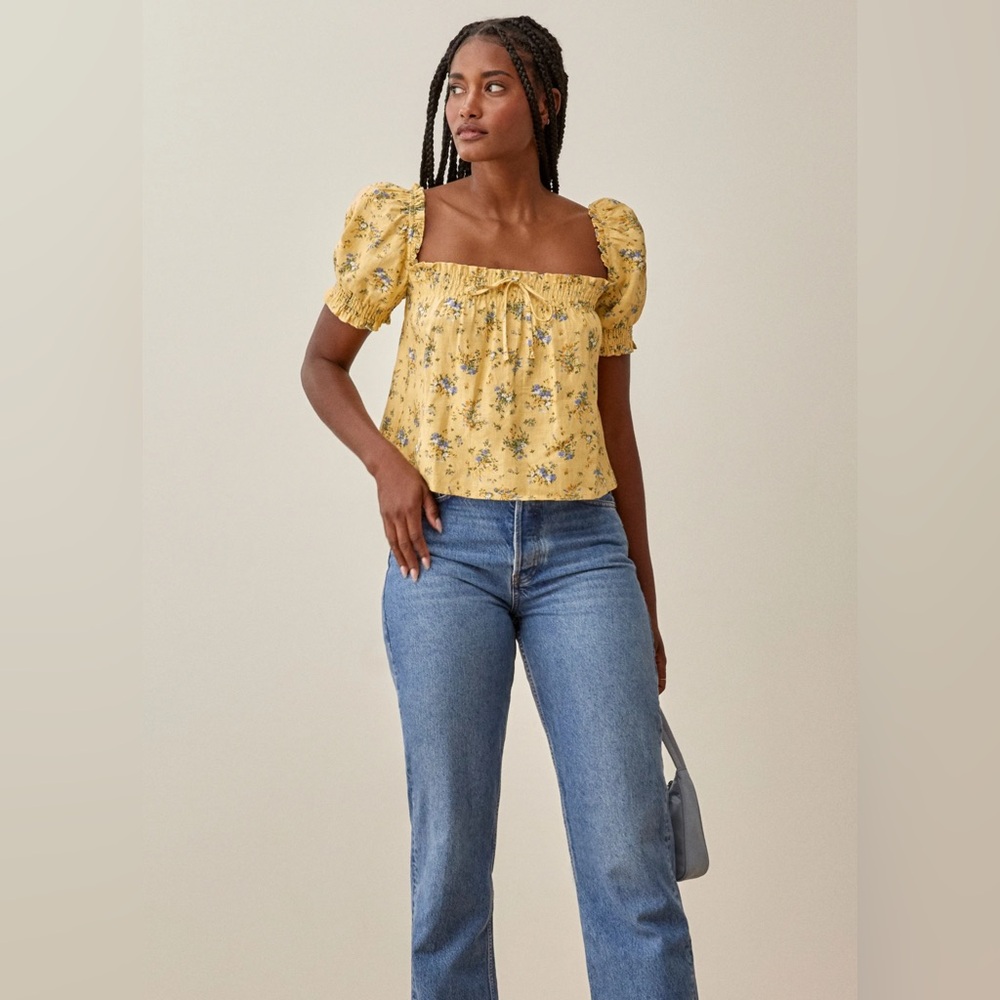 Reformation Brinley floral linen top butter yellow
